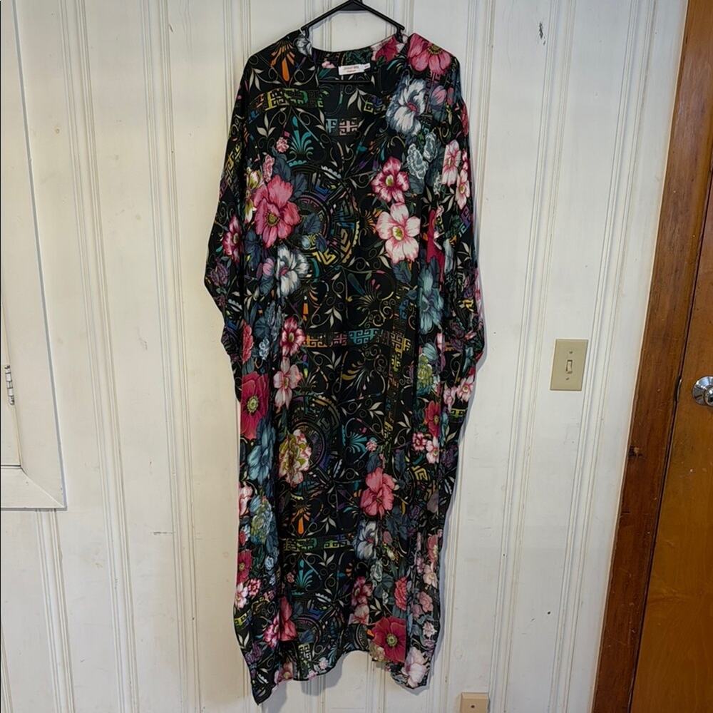 Johnny Was s m floral peace hibiscus kaftan dress bathing suit cover split hem